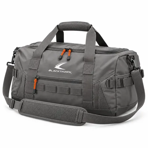 Flint Grey Hunting Gear Duffel, three-quarter view, slate grey OEM hunting gear duffel with orange zip pulls
