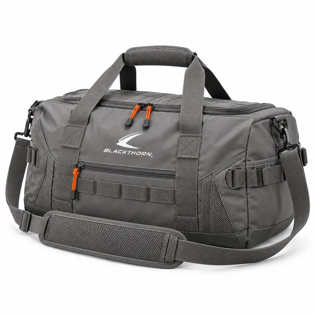 Flint Grey Hunting Gear Duffel, three-quarter view, slate grey OEM hunting gear duffel with orange zip pulls