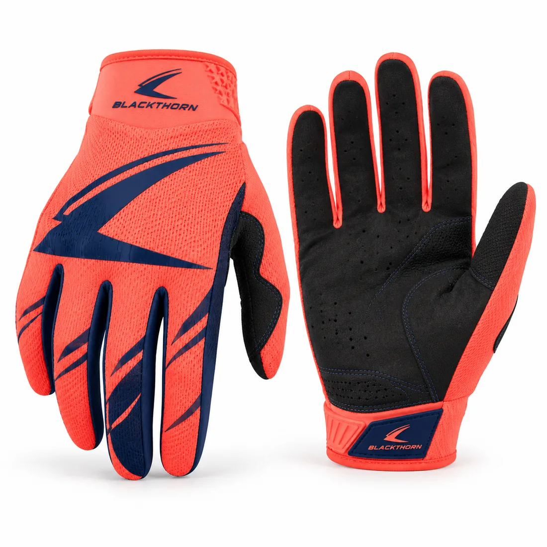 Fluoro Berm fluorescent coral-red and navy lightweight MX gloves, back and palm view, private label MX gloves