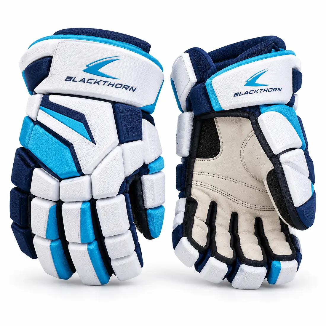 Frost Breakout white, sky-blue and navy ice hockey gloves, backhand and palm, white hockey gloves factory
