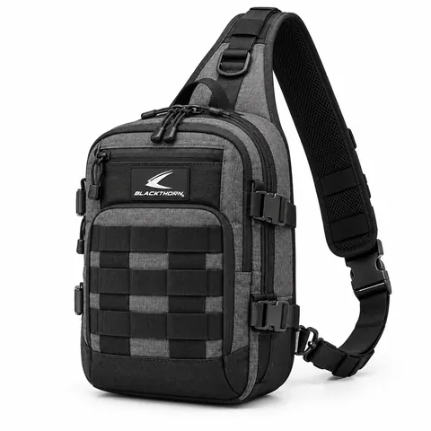Granite Scout Sling Bag, front three-quarter view, heather grey and black OEM tactical sling bag with MOLLE pocket