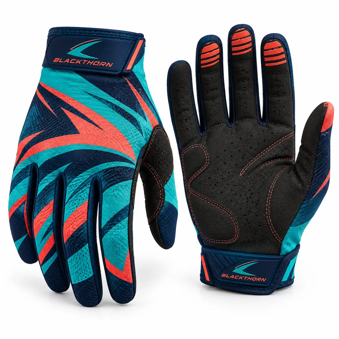 Harbour Apex kit-matched MX gloves, navy with teal and coral shapes and black palm, bulk kit-matched MX gloves
