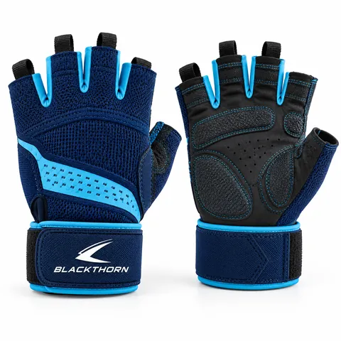 Harbour Clean navy and sky-blue half-finger lifting gloves with wrist wrap, back and palm, OEM gym gloves