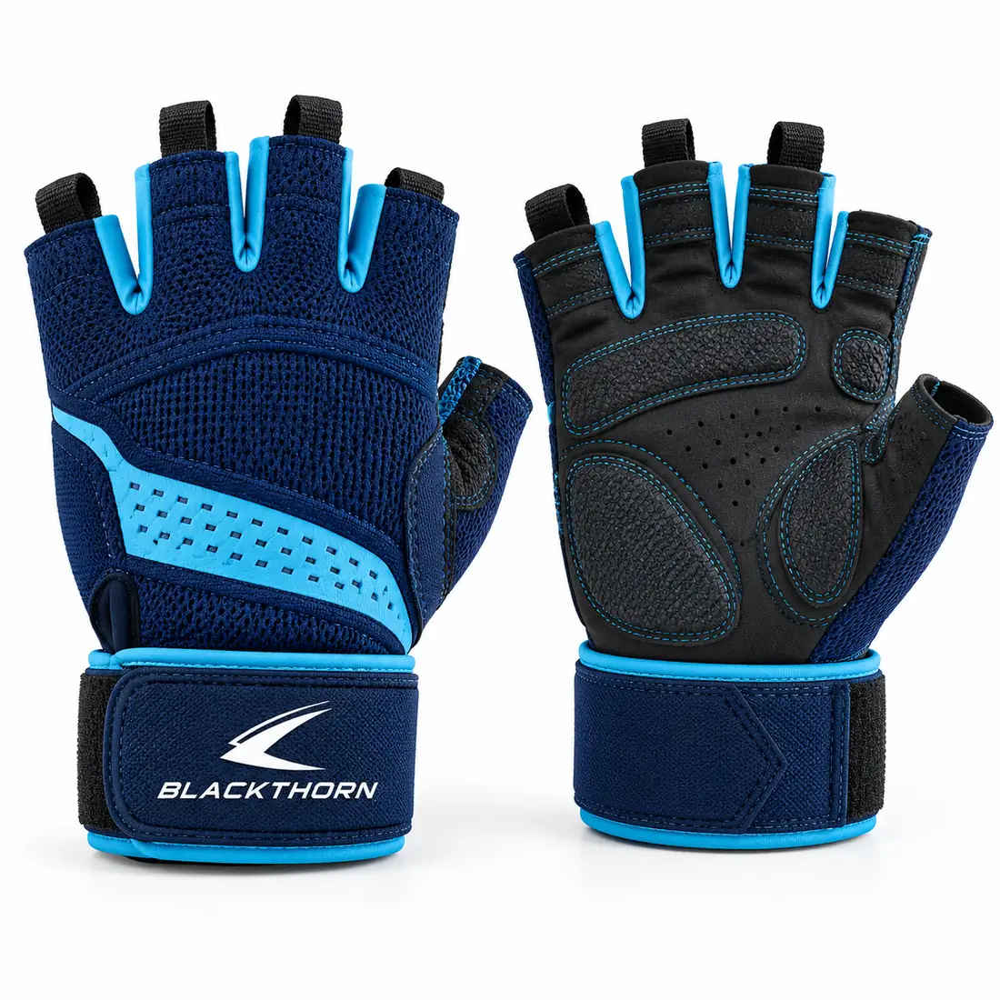 Harbour Clean navy and sky-blue half-finger lifting gloves with wrist wrap, back and palm, OEM gym gloves