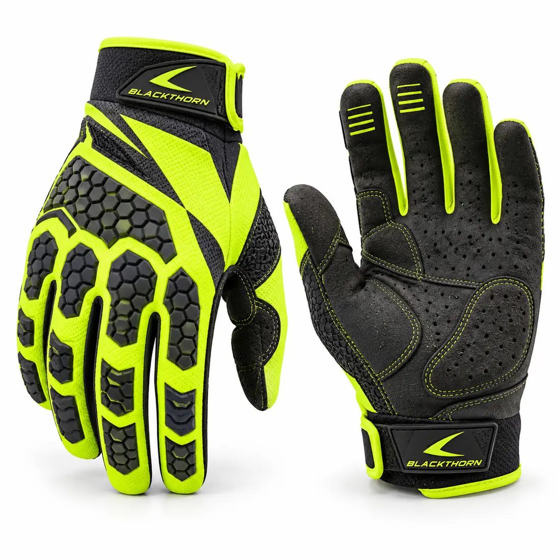 Hexfire Fluo armoured MX gloves, fluo yellow with black honeycomb TPR armour and padded palm, MX gloves factory