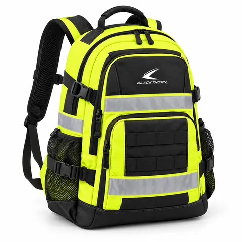 Hi-Vis Beacon Work Backpack, three-quarter view, fluorescent yellow hi-vis work backpack with reflective tape