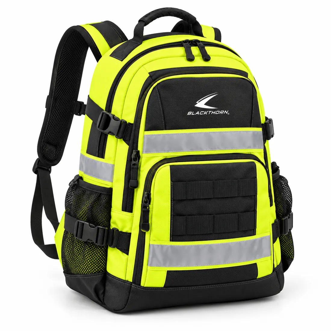 Hi-Vis Beacon Work Backpack, three-quarter view, fluorescent yellow hi-vis work backpack with reflective tape