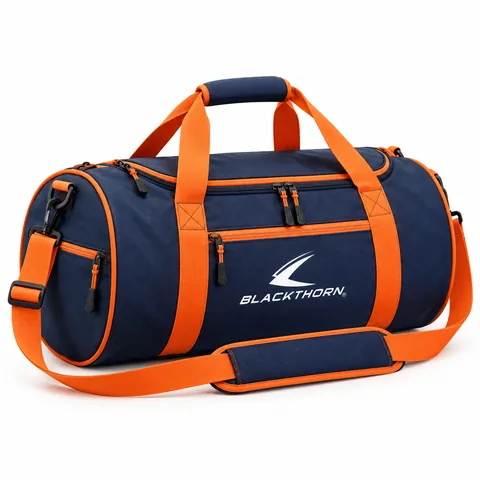 Ironhouse Navy Barrel Gym Bag in navy with orange handles and padded strap, side view, custom barrel gym bag