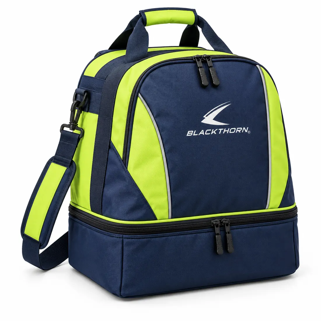 Lime Shift Two-Compartment Kit Bag, three-quarter view, navy and lime work kit bag with boot compartment