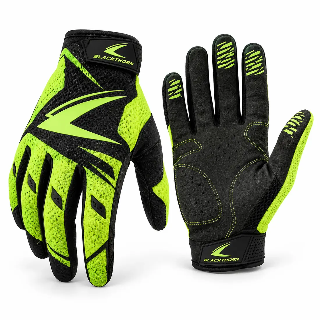 Lime Whoop fluorescent lime and black motocross gloves, back and palm view, wholesale motocross gloves