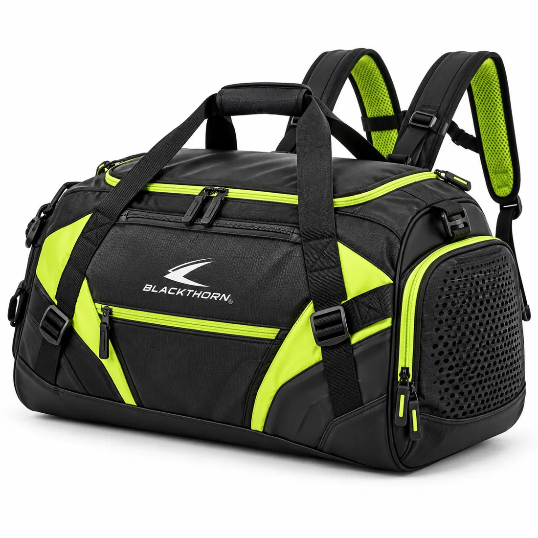 Locker Lime Gym Duffel Backpack in black and neon lime with vented shoe pocket, gym duffel backpack manufacturer