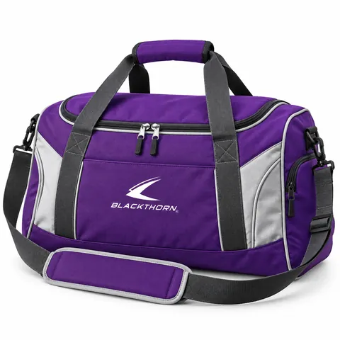 Matchday Amethyst Team Duffel in purple and silver grey with padded shoulder strap, team duffel bag supplier