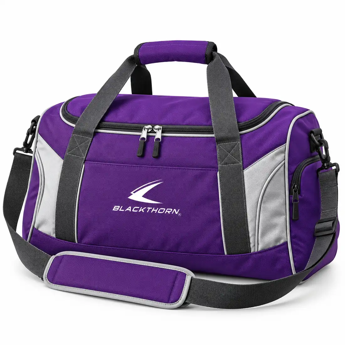 Matchday Amethyst Team Duffel in purple and silver grey with padded shoulder strap, team duffel bag supplier
