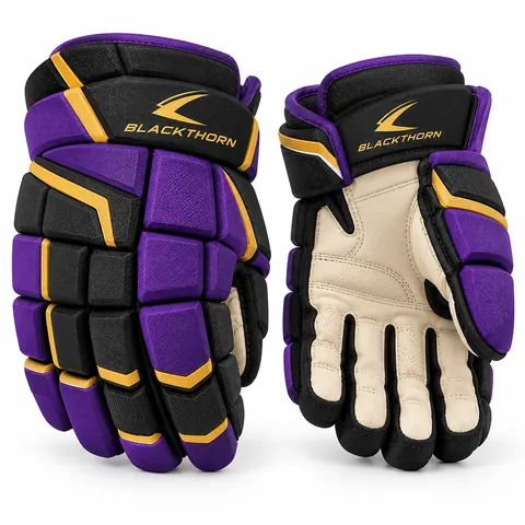 Monarch Crease purple, black and gold ice hockey gloves, backhand and palm view, bulk ice hockey gloves