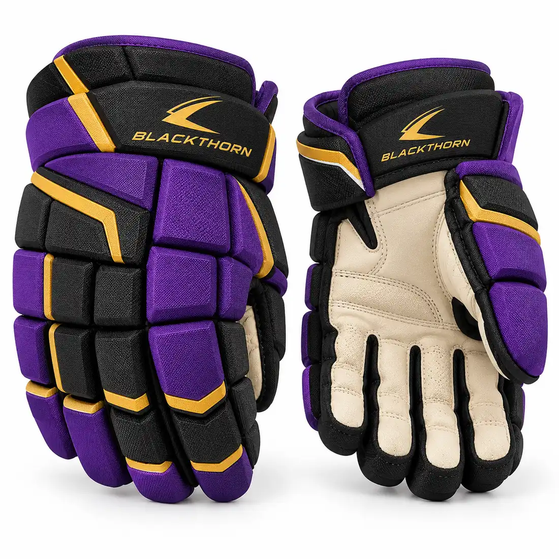 Monarch Crease purple, black and gold ice hockey gloves, backhand and palm view, bulk ice hockey gloves