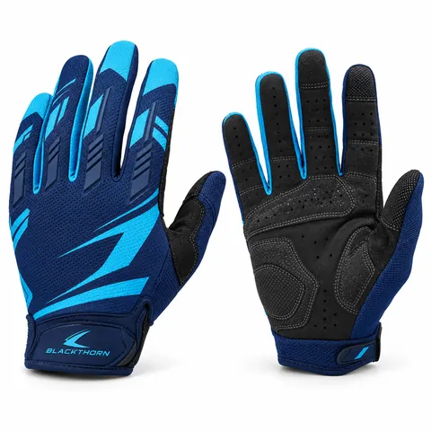 Navy Slipstream full-finger MTB gloves in navy and sky blue, back and palm, wholesale mountain bike gloves