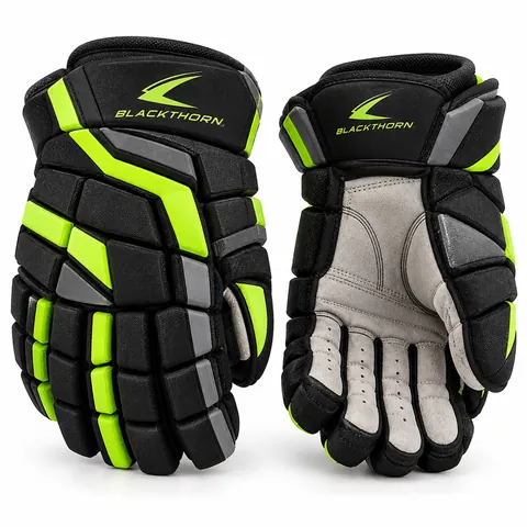 Neon Slapshot black, fluorescent yellow and grey hockey gloves, backhand and palm view, custom hockey gloves