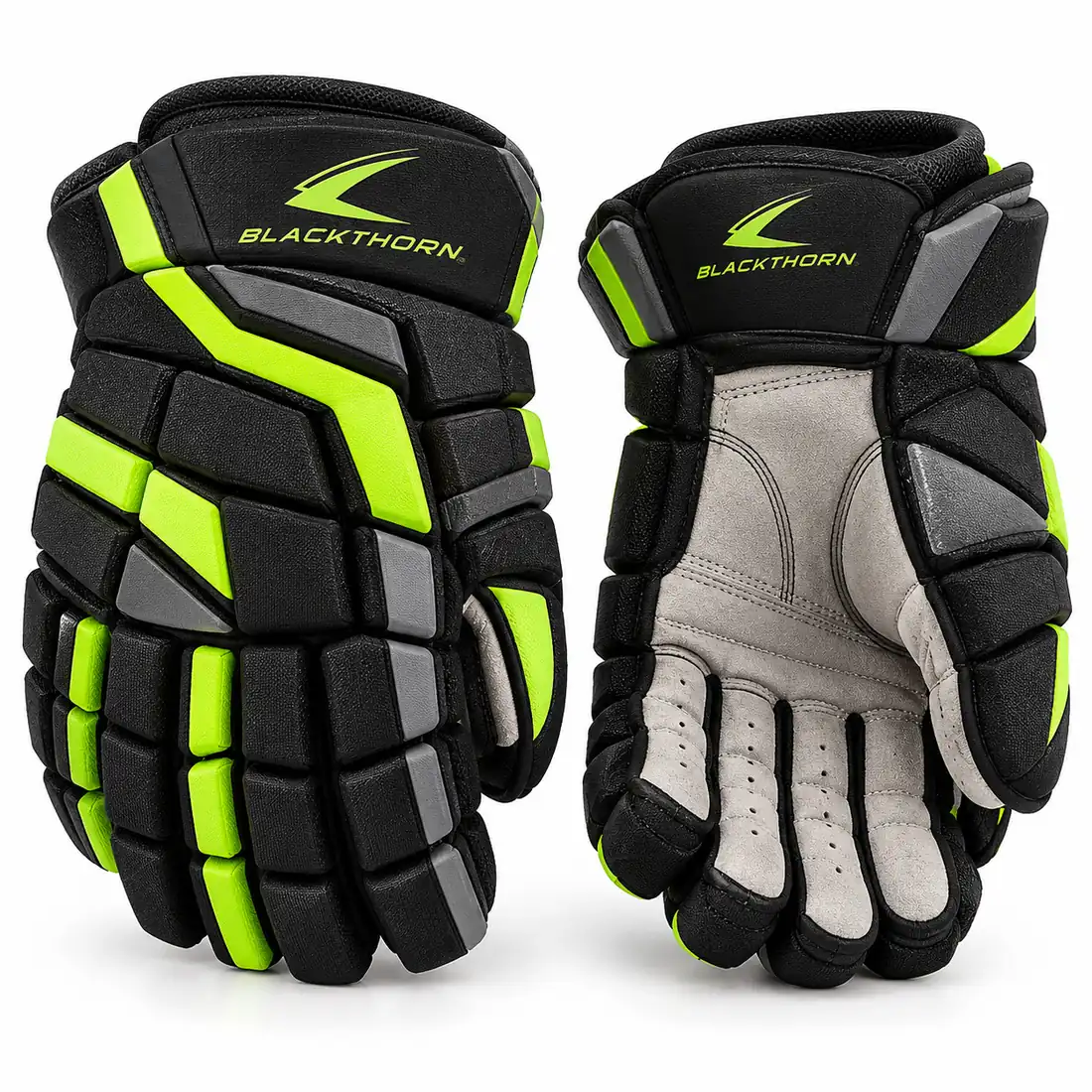 Neon Slapshot black, fluorescent yellow and grey hockey gloves, backhand and palm view, custom hockey gloves