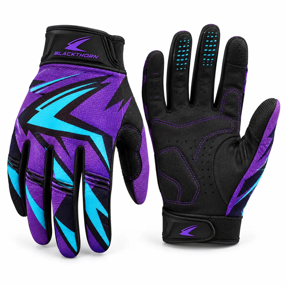 Nitro Violet motocross gloves in purple and cyan with black guards and padded palm, custom motocross gloves maker