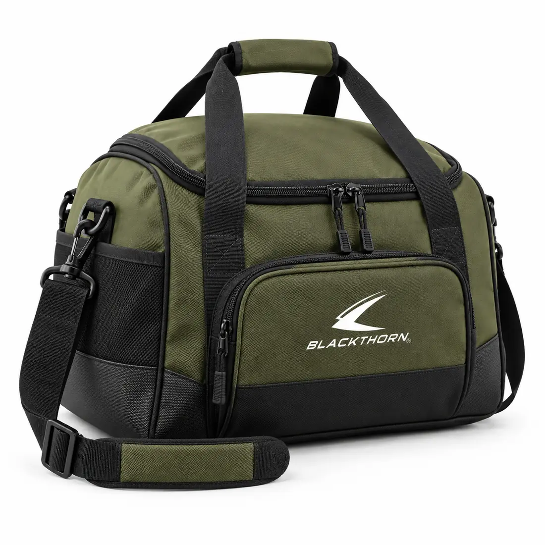 Olive Depot Work Kit Bag, three-quarter view, olive green and black bulk work and PPE kit bag with strap