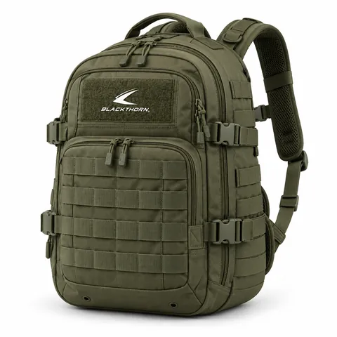 Olive Recon MOLLE Backpack, front three-quarter view, olive green tactical MOLLE backpack by a custom manufacturer