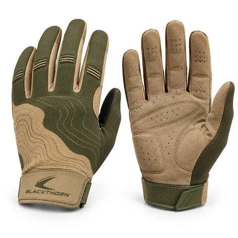 Olive Ridgeline full-finger gravel cycling gloves in olive and tan, back and palm, gravel gloves supplier