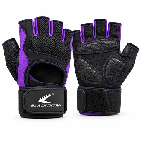 Orchid Thruster women's black and purple gym gloves with open back and wrist wrap, back and palm view