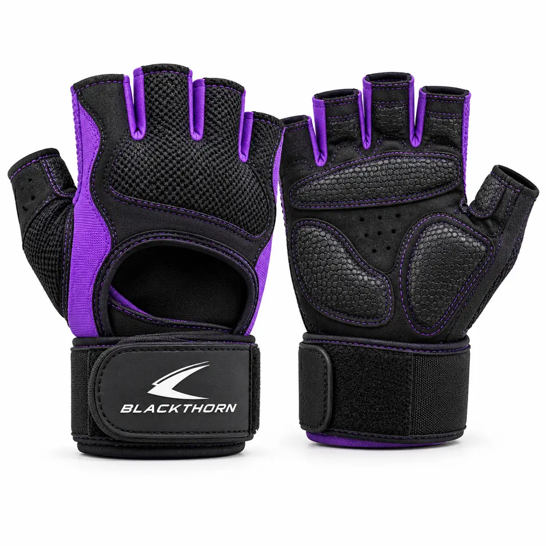 Orchid Thruster women's black and purple gym gloves with open back and wrist wrap, back and palm view