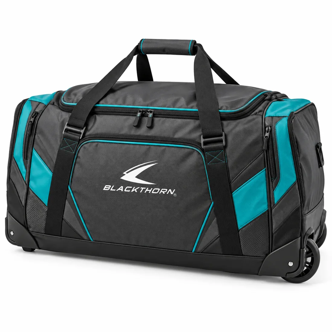 Overtime Aqua Wheeled Hockey Bag in charcoal and aqua with front pocket, private label wheeled hockey bag