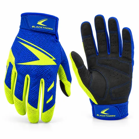 Paddock Cobalt motocross gloves in royal blue and fluo yellow mesh, back and palm, wholesale race MX gloves