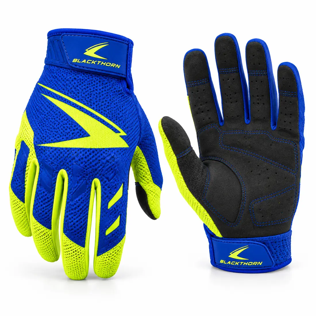 Paddock Cobalt motocross gloves in royal blue and fluo yellow mesh, back and palm, wholesale race MX gloves