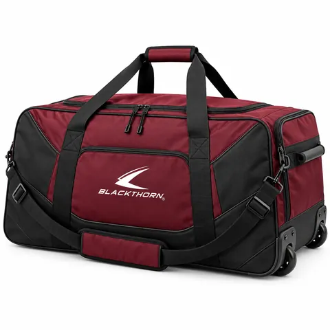 Penalty Box Maroon Hockey Bag in maroon and black with wheels and shoulder strap, hockey equipment bag factory