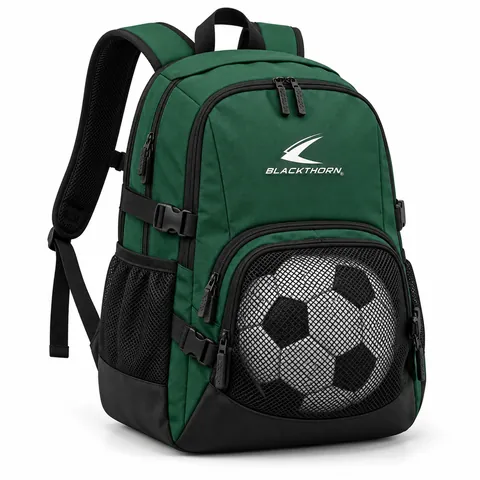 Pitchside Forest Football Backpack in forest green and black with front ball net, custom football backpack