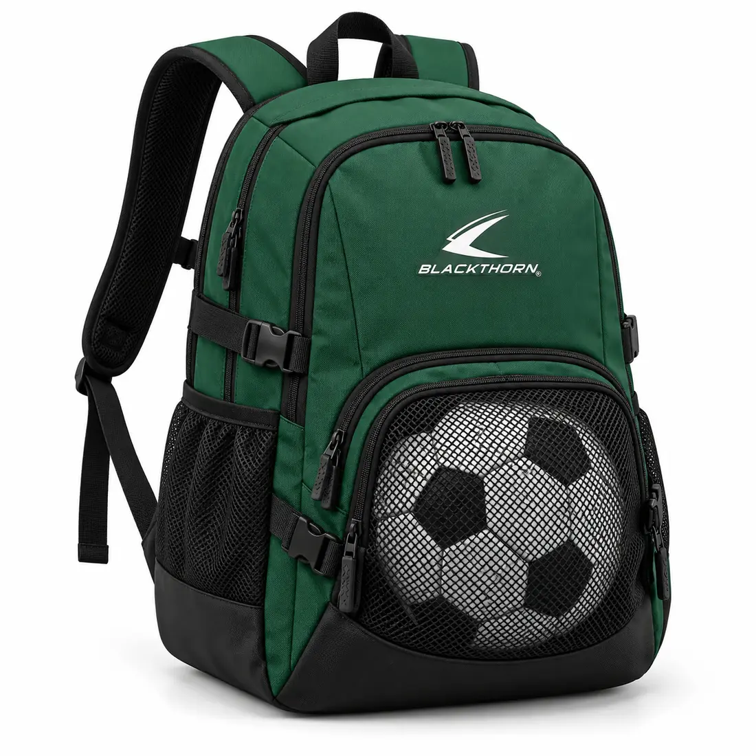 Pitchside Forest Football Backpack in forest green and black with front ball net, custom football backpack