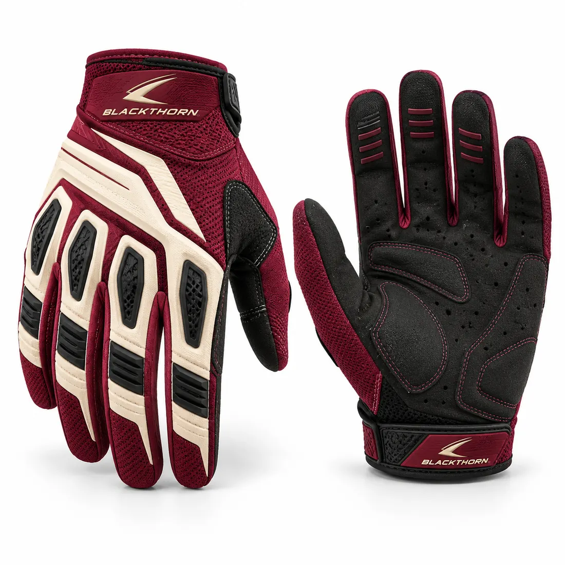 Pitlane Bordeaux armoured MX gloves in maroon and cream with TPR guards, private label motocross gloves