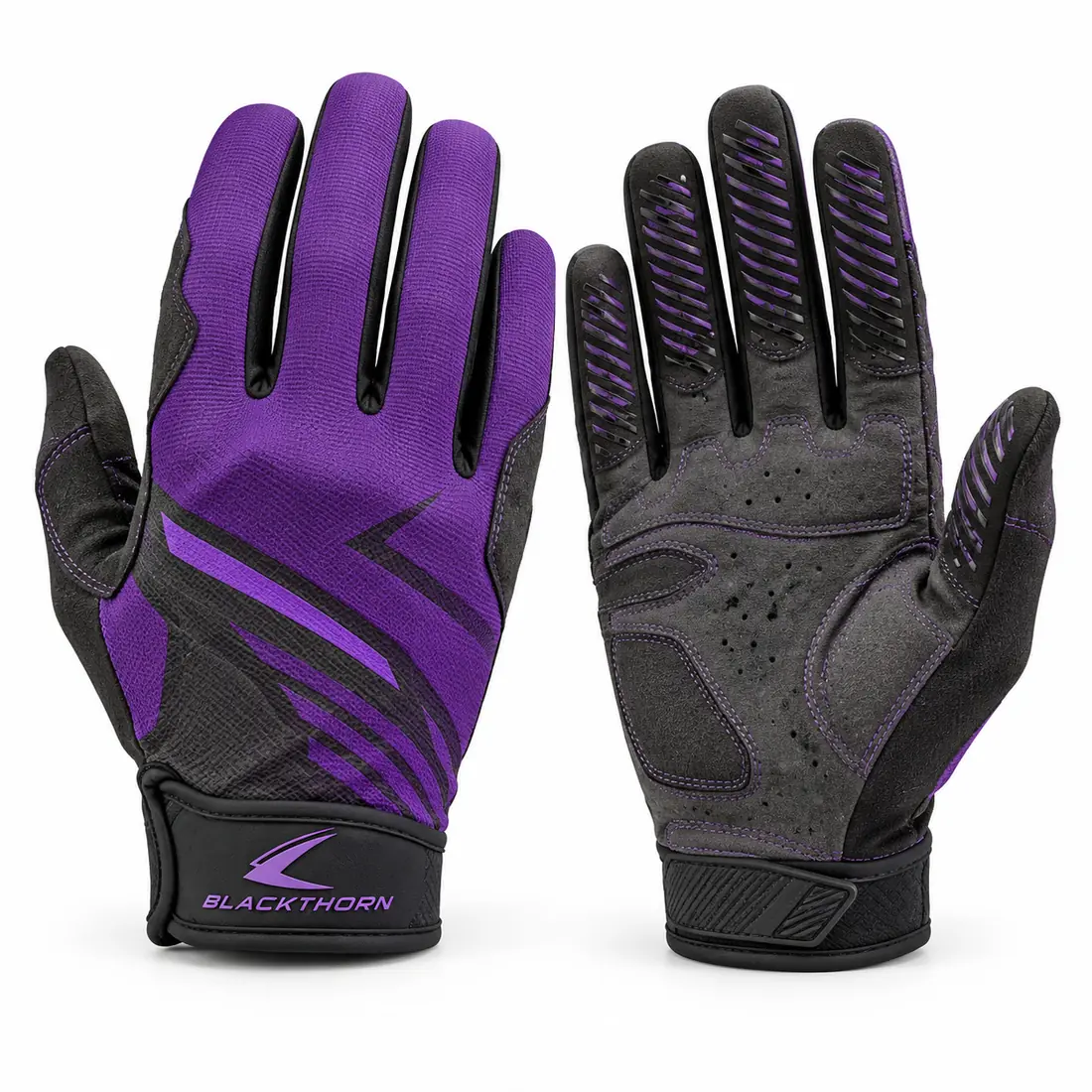 Plum Singletrack full-finger MTB gloves in purple and black, back and silicone-grip palm, private label