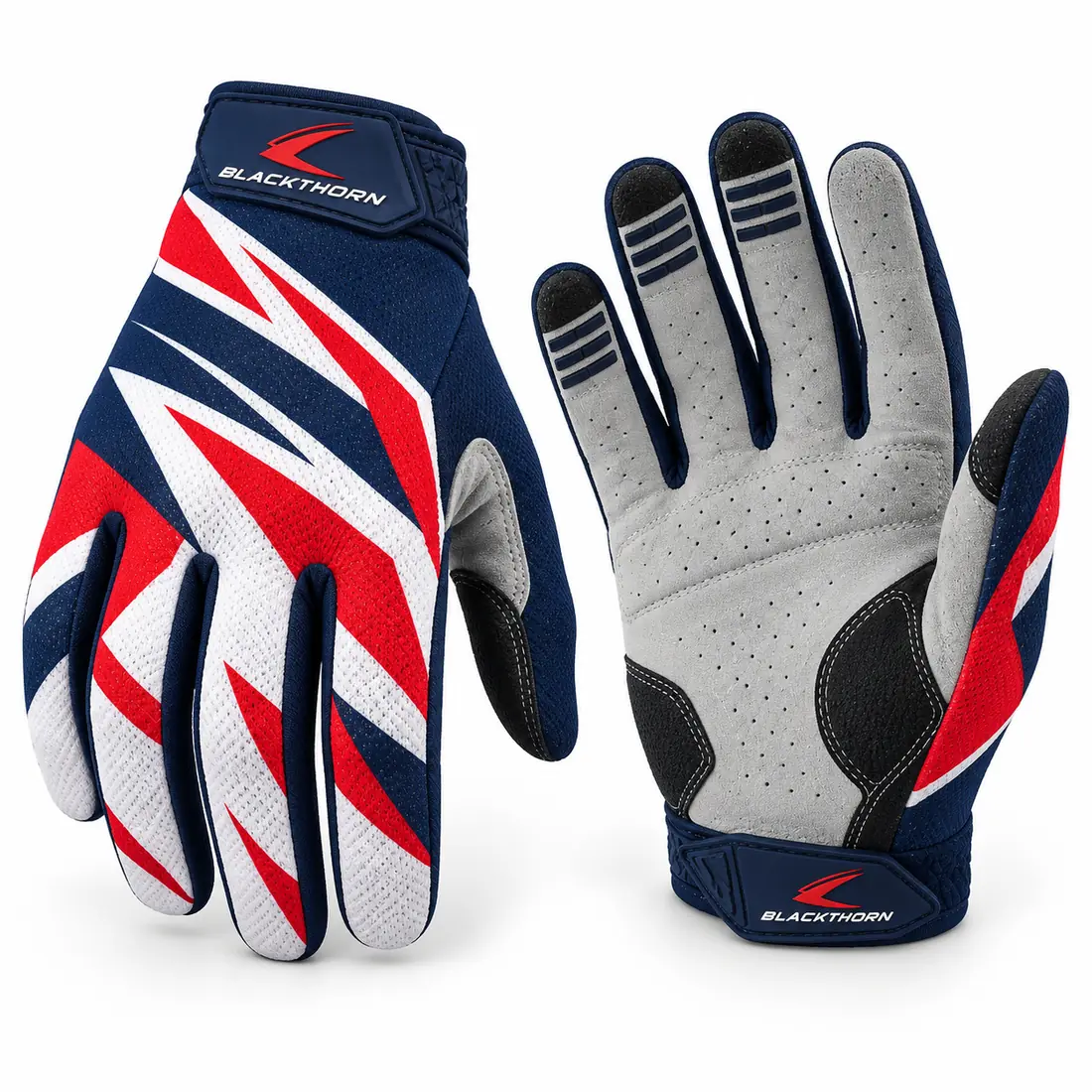 Podium Tricolour team MX gloves in navy, red and white with grey suede palm, kit-matched MX gloves manufacturer