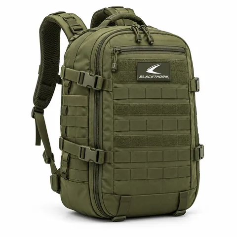 Ranger Outpost Patrol Backpack, front three-quarter view, ranger green tactical patrol backpack made in our factory