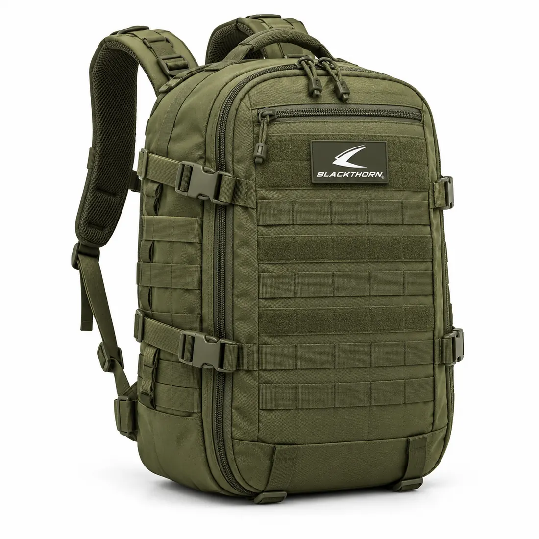 Ranger Outpost Patrol Backpack, front three-quarter view, ranger green tactical patrol backpack made in our factory