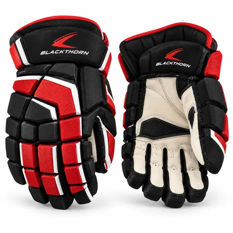 Redline Blitz black, red and white ice hockey gloves, backhand and palm view, ice hockey gloves manufacturer