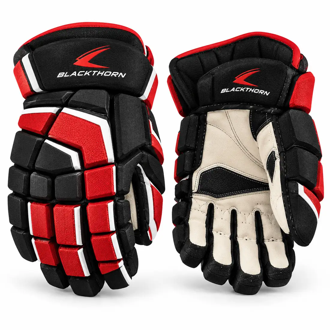 Redline Blitz black, red and white ice hockey gloves, backhand and palm view, ice hockey gloves manufacturer
