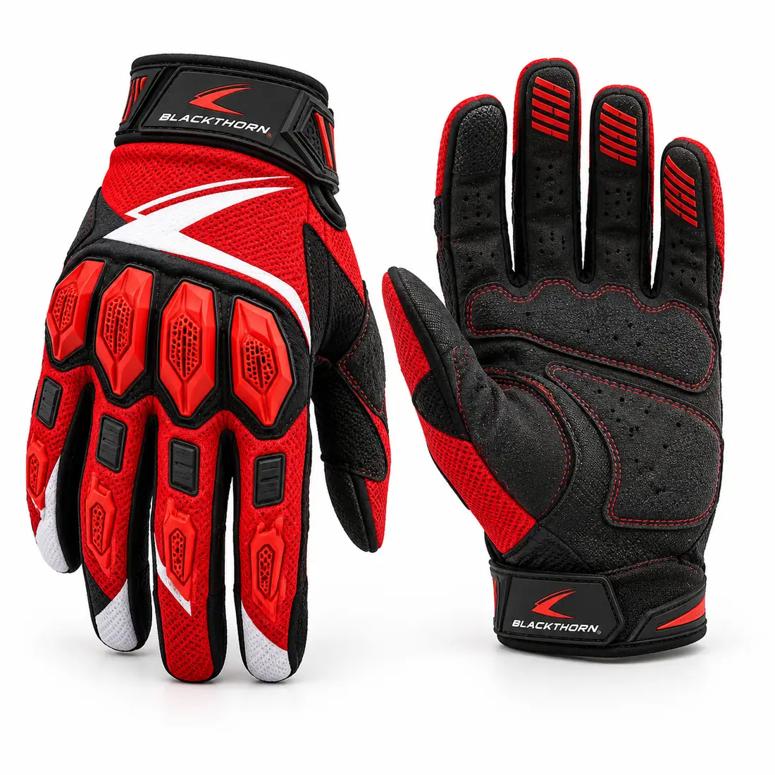 Redline Rally armoured MX gloves in red and black with TPR knuckle guards, armoured motocross gloves manufacturer