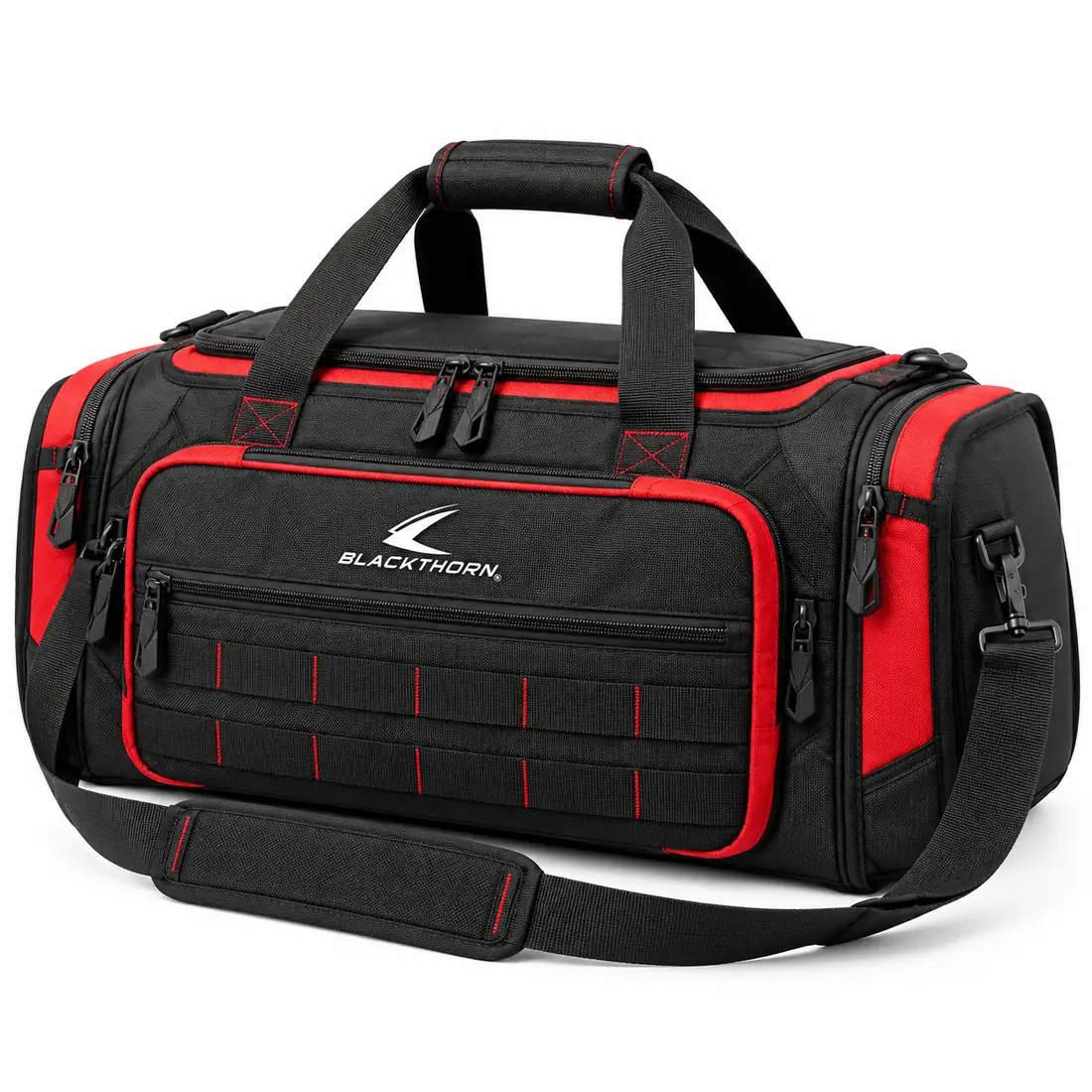 Redline Range Duffel, three-quarter view, black and red wholesale security range duffel bag with shoulder strap
