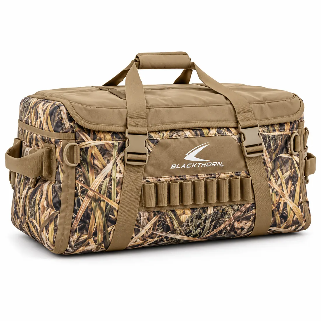 Reedbed Camo Waterfowl Blind Bag, three-quarter view, grass camo waterfowl blind bag with shell loops