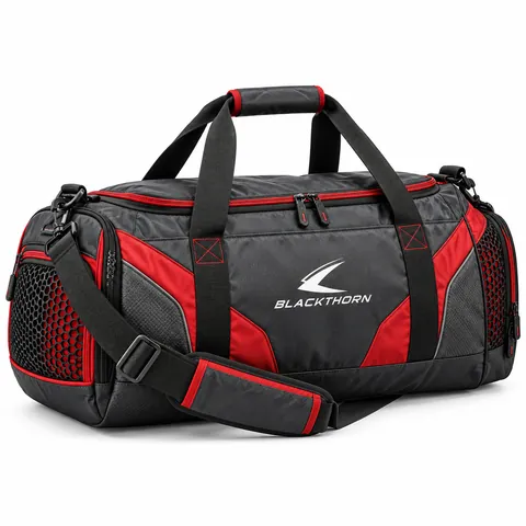Ringside Red Gym Duffel in charcoal and red with red mesh shoe pocket and shoulder strap, gym duffel bag wholesale