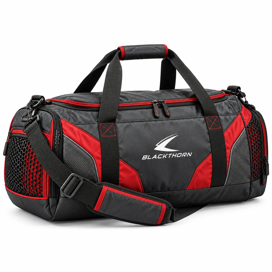 Ringside Red Gym Duffel in charcoal and red with red mesh shoe pocket and shoulder strap, gym duffel bag wholesale