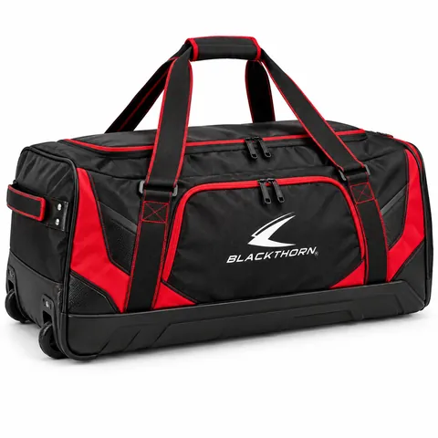 Rinkside Red Wheeled Hockey Bag in black and red with wheels and straps, wheeled ice hockey bag manufacturer