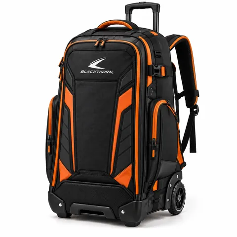 Road Series Orange Hockey Backpack in black and orange with telescopic handle and wheels, wheeled hockey backpack