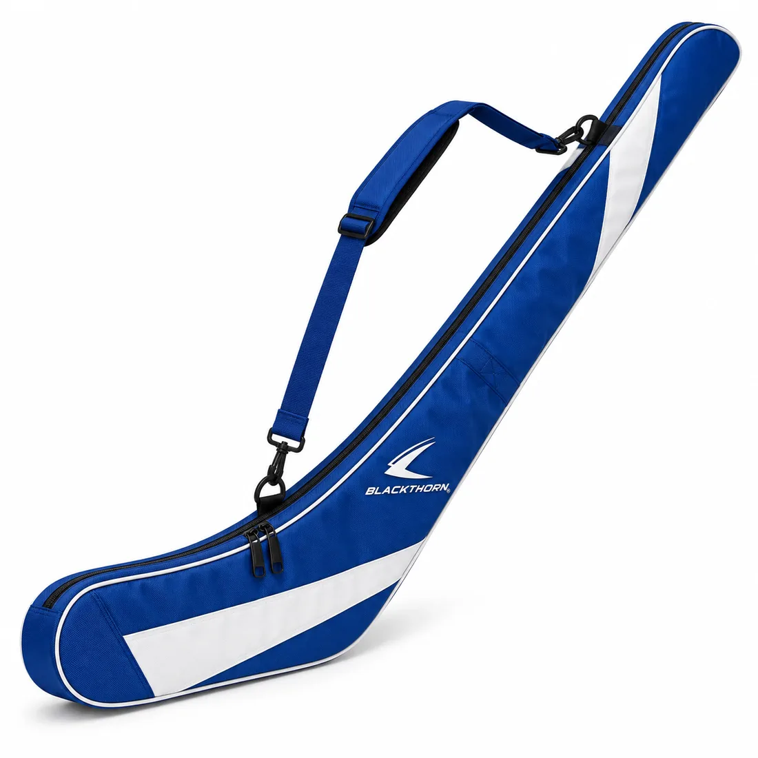 Royal Stickhandler Stick Bag in royal blue and white with shoulder strap, full-length view, custom hockey stick bag