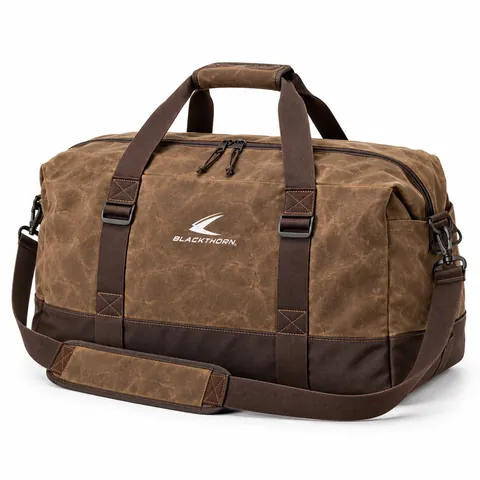 Saddle Wax Canvas Hunting Duffel, three-quarter view, tan-brown private-label waxed canvas hunting duffel
